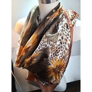 Vintage Womans Scarf 36" X 36" Brown Tones Floral Cheetah Print Animal Print